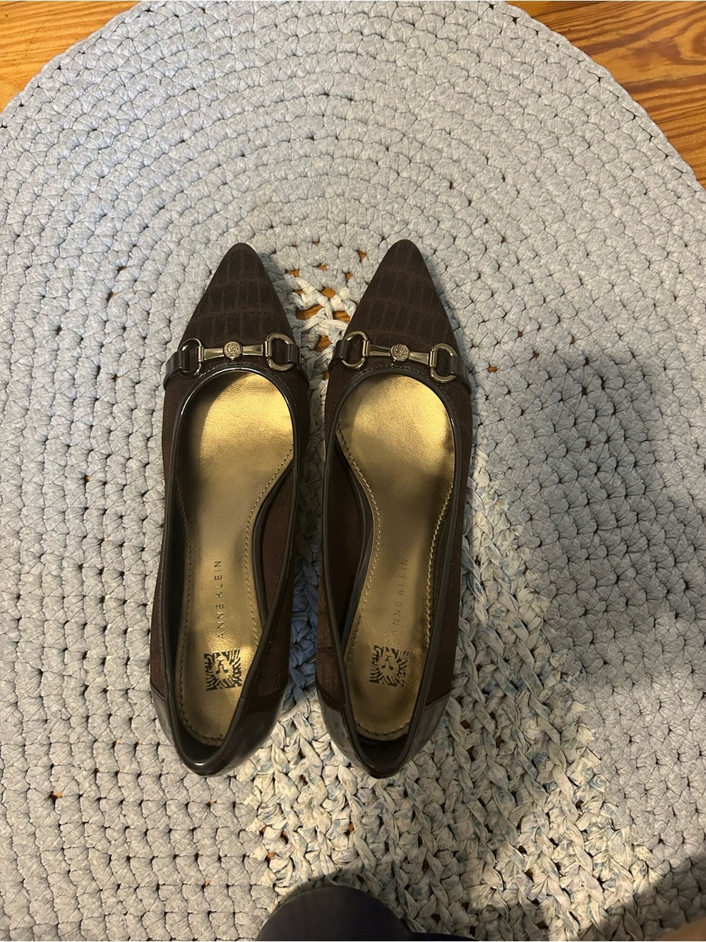 Anne Klein Brown Croc-Texture Pointed Toe Pumps with Gold Buckle